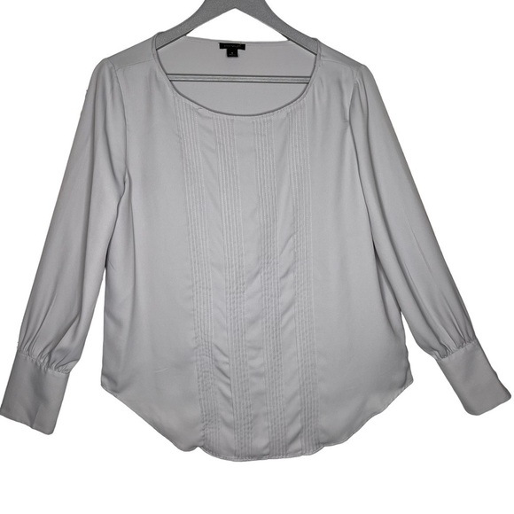 Ann Taylor Silver Gray Long Bishop Sleeve Pleated Front Blouse Size M Round Neck - Picture 1 of 13